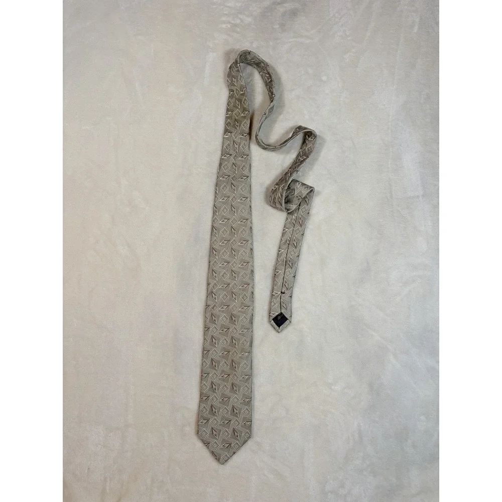 Ermenegildo Zegna Men's Geometric Beige Brown White 100% Silk Satin Tie‎